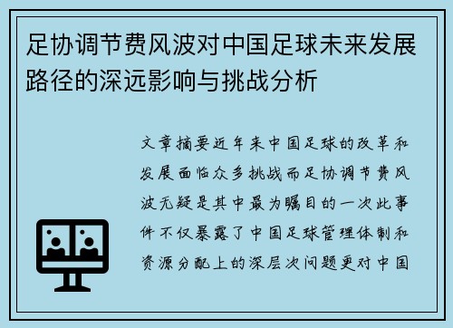 足协调节费风波对中国足球未来发展路径的深远影响与挑战分析